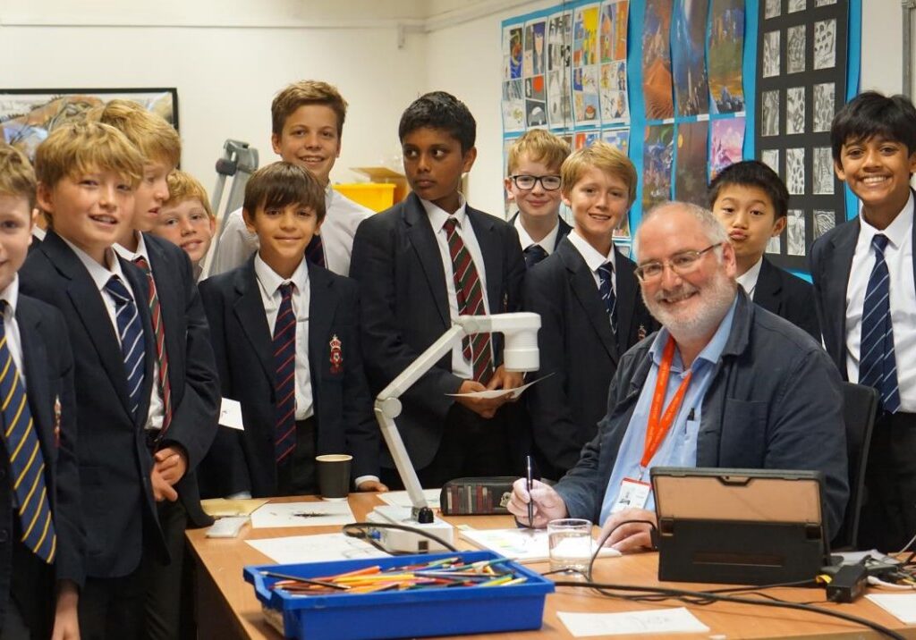 students with Chris Riddell