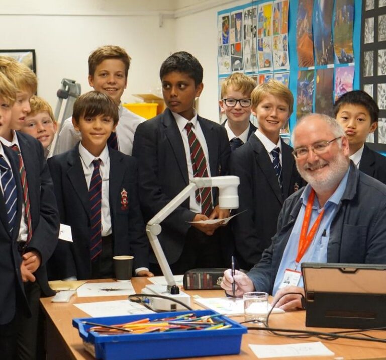 students with Chris Riddell